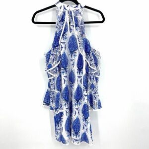 ENTRO Blue White Lace Boho High Neck Cold Shoulder Ruffle Sleeve Dress Large